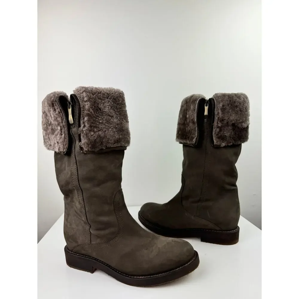Le Jabot Suede Knee-High Boots Shearling Lined Convertible Fold Over Brown Sz 39
